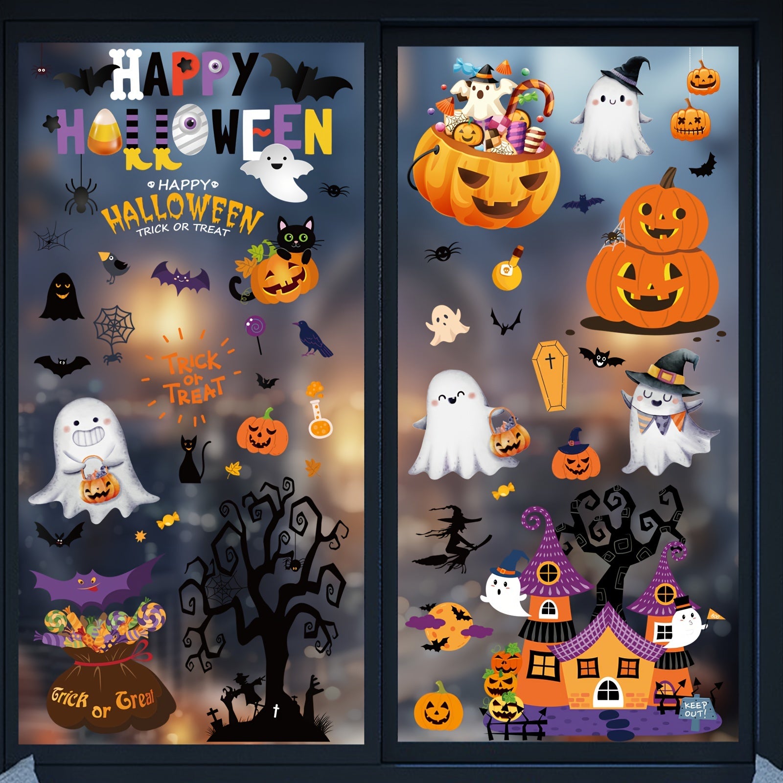 Reusable Halloween Window Clings - Spooky Bats & Pumpkin Decorations - 172 pcs