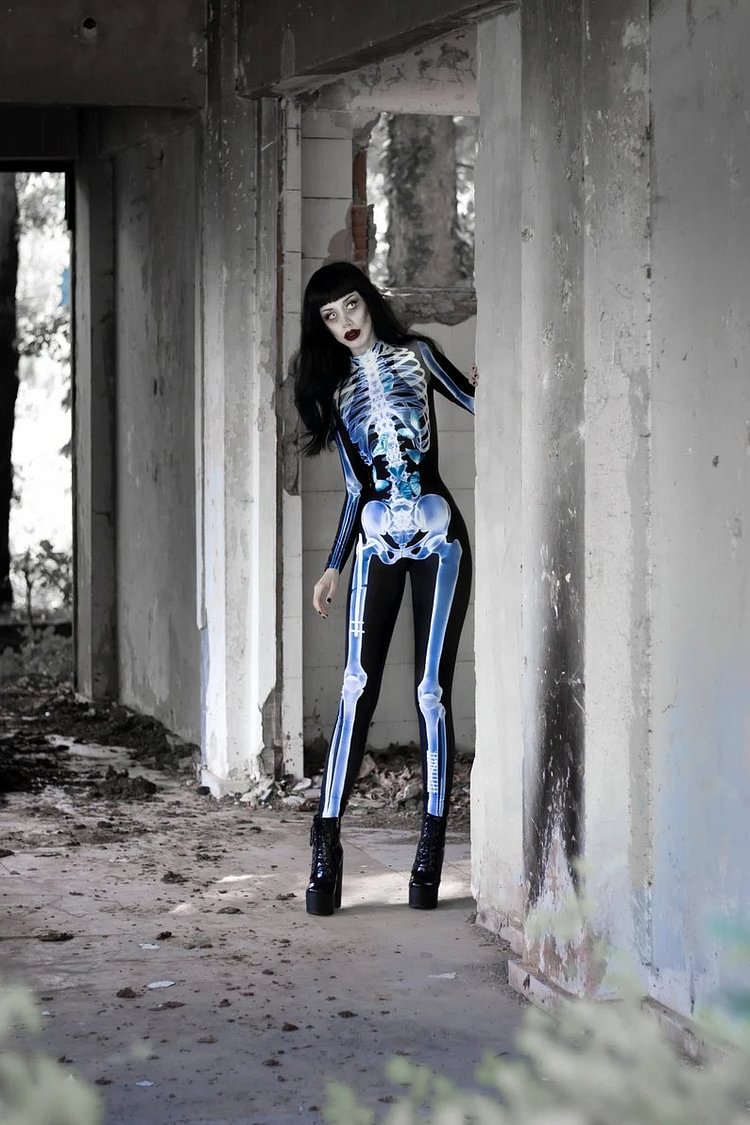 Halloween Skeleton Bodysuit with Glow Blacklight Effect