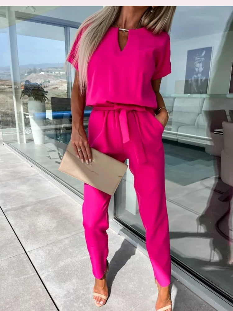 Women's Jumpsuit | Short-Sleeve with Tie Belt | Tailored Fit | Versatile Office & Event Wear