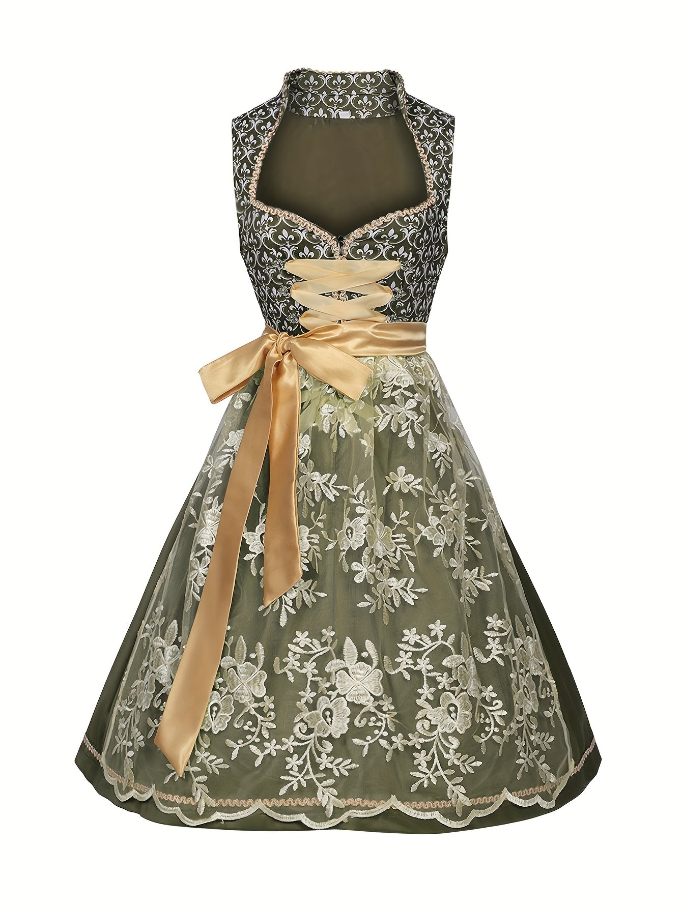 Women's Oktoberfest Dress Set with Floral Embroidery and Apron