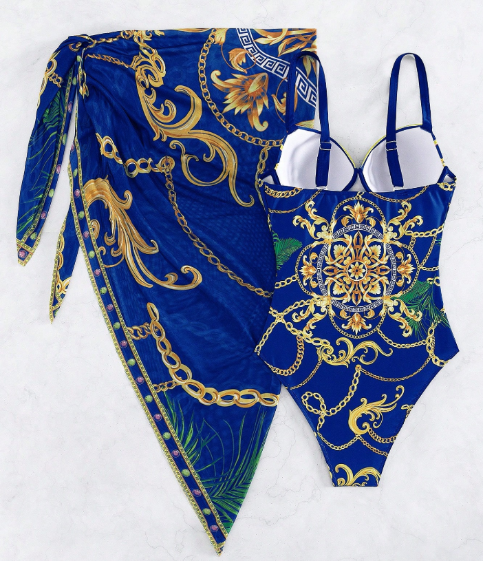 Women’s One-Piece Swimsuit | Built-In Push-Up Bra | Matching Beach Skirt | Elegant Design