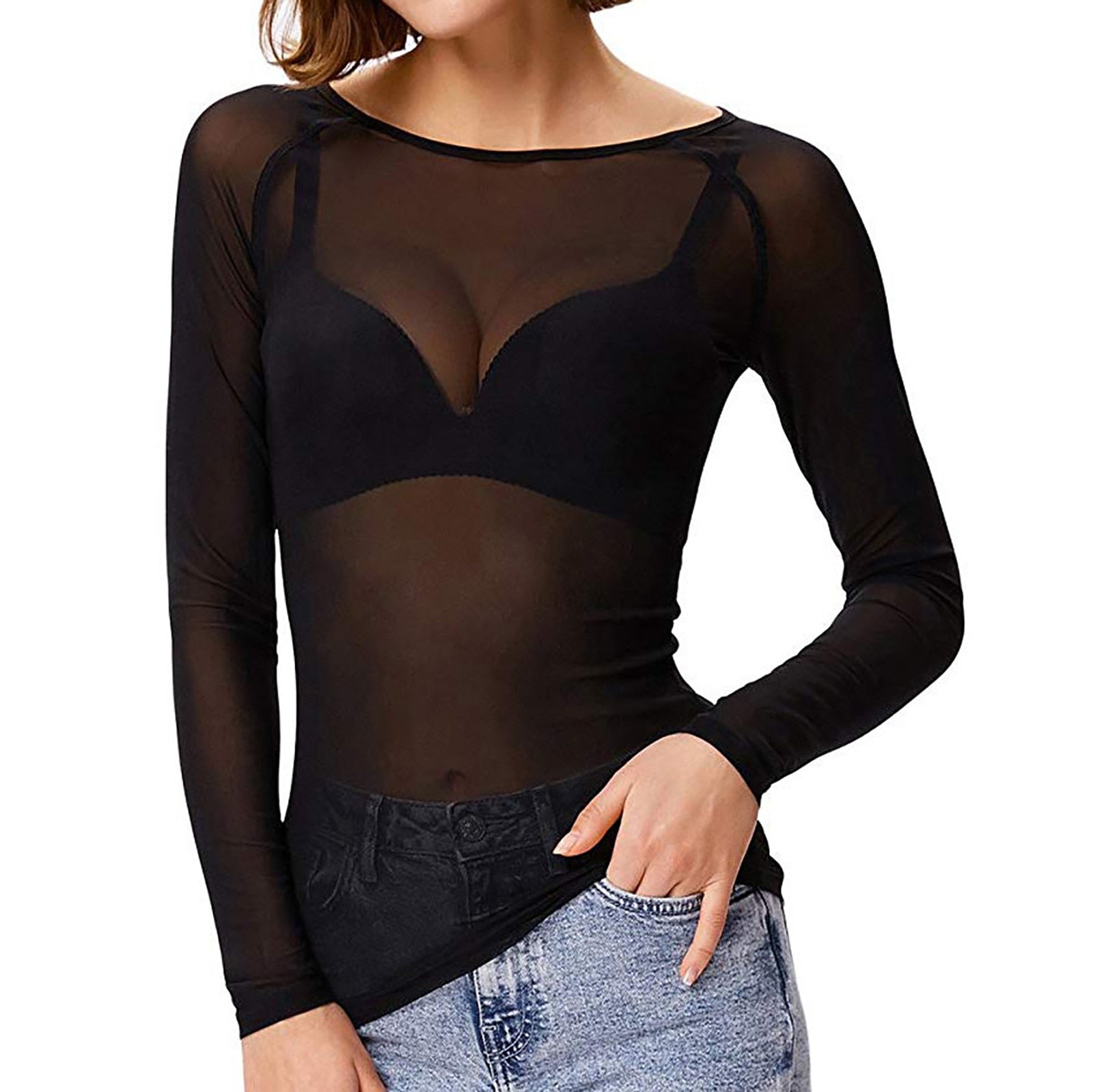 Women’s Long-Sleeve Mesh Top | Sheer & Fitted Design | Polyester Fabric | Versatile Layering