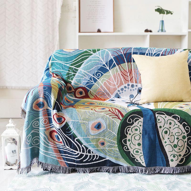Reversible Peacock Print Blanket with Fringes