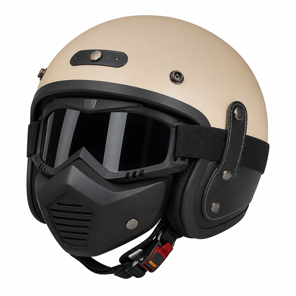 Open-Face Motorcycle Helmet with Removable Goggles and Mask