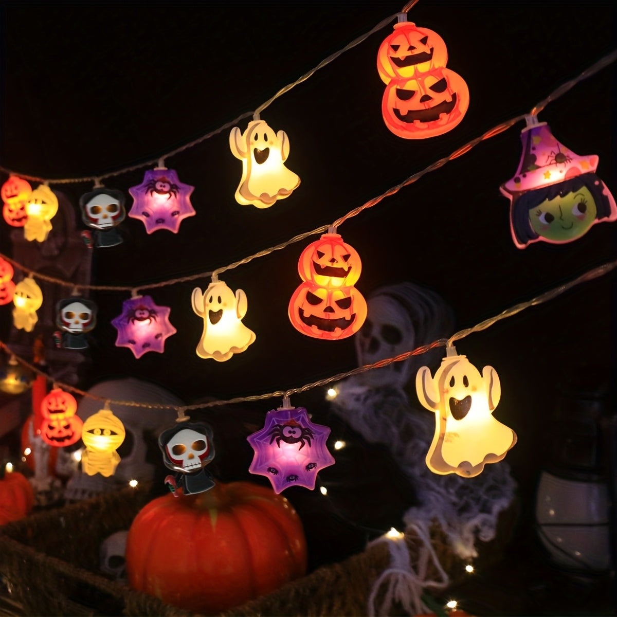 Battery-Operated Halloween String Lights with Pumpkin and Spider Design