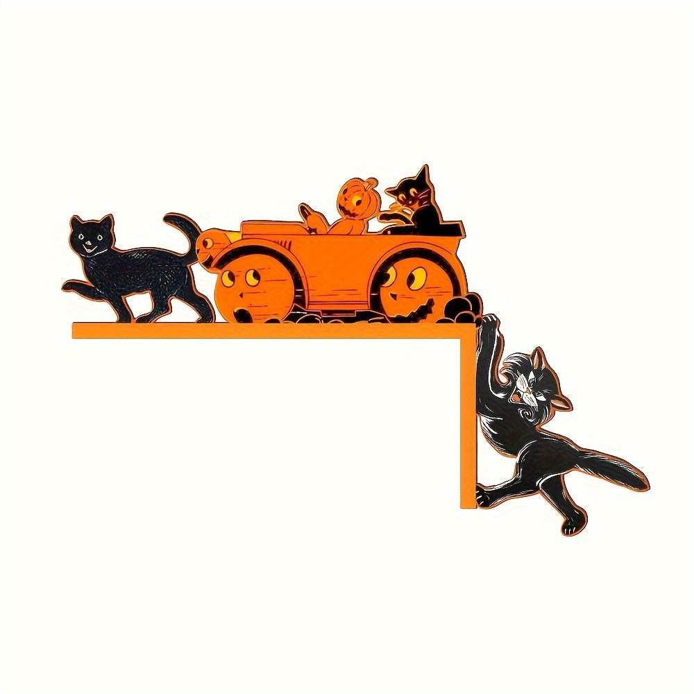 Vintage Wooden Halloween Door Frame Decoration with Witch Hat and Pumpkin