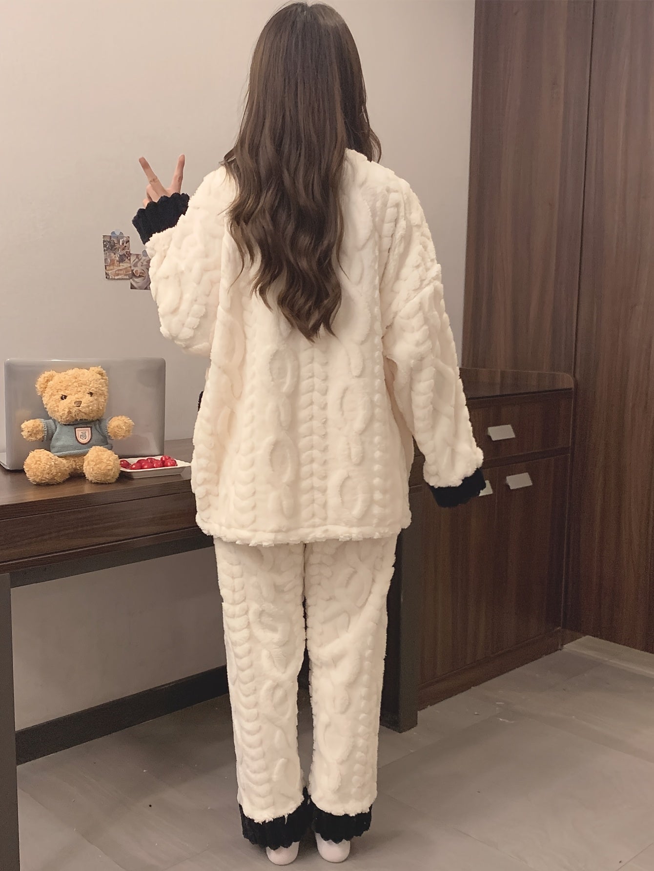 Fleece Lounge Set | V-Neck Button Top | Cozy Winter Warmth | Polyester