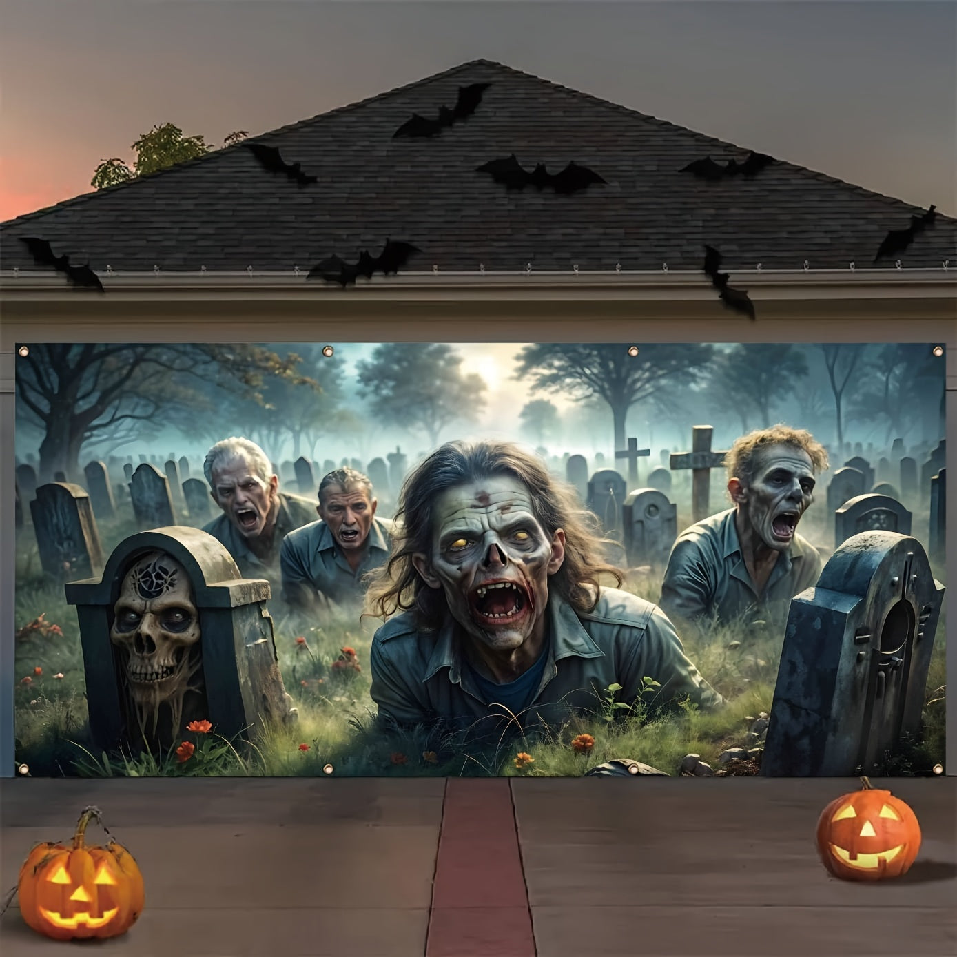 Large Halloween Zombie Graveyard Garage Door Banner Fade-Resistant Polyester