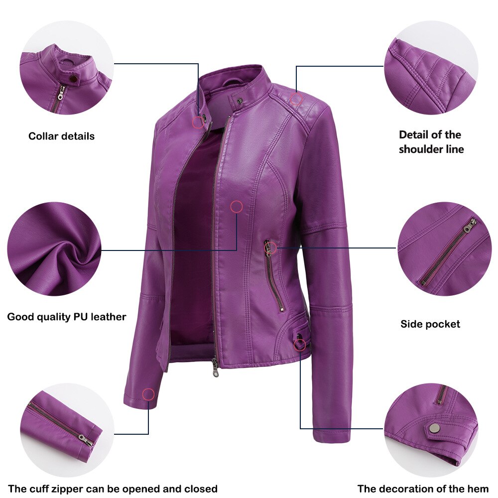 Women’s Leather Jacket | Mao Collar Design | PU Leather & Polyester Lining | Comfortable Fit