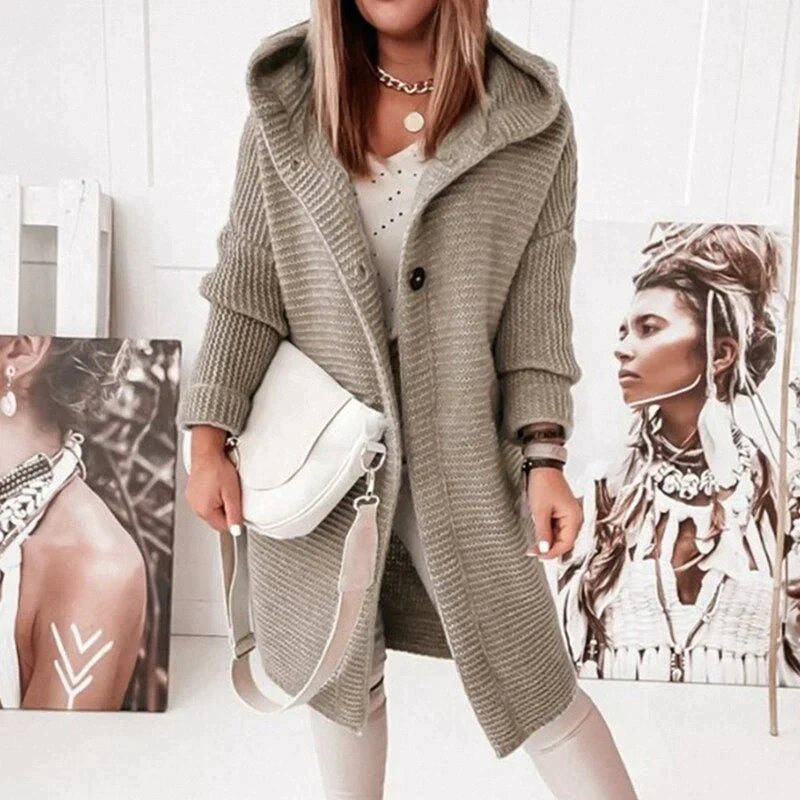 Women’s Hooded Long Knit Cardigan | Oversized Cozy Knit | Buttoned Front | Comfortable Fit