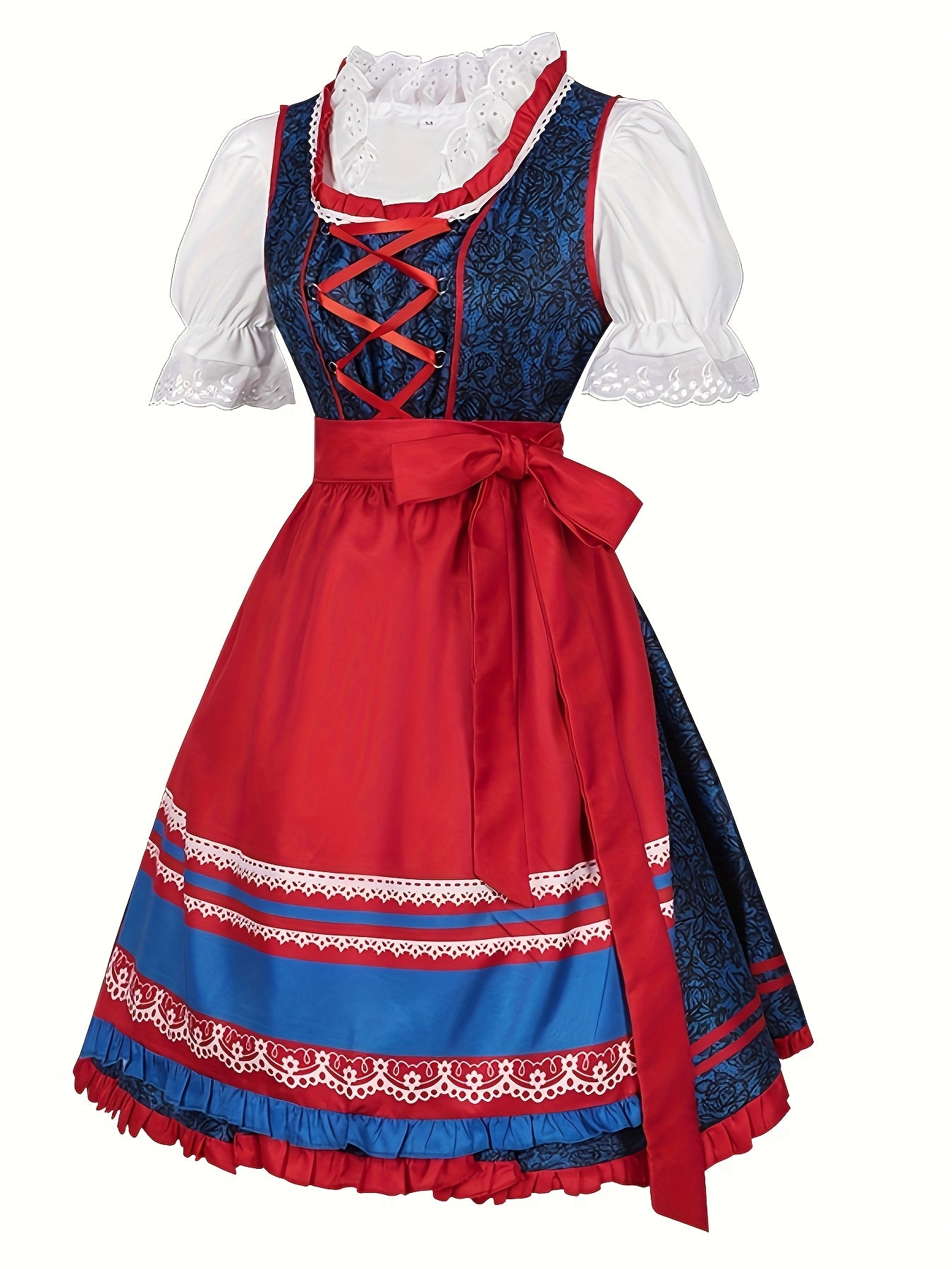 Women's Bavarian Oktoberfest Dress with Lace Blouse and Red Apron