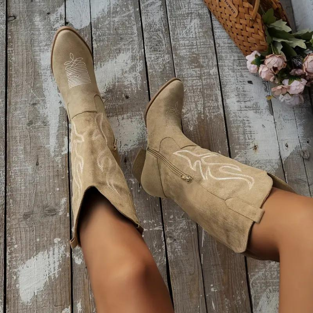 Women’s Knee-High Cowboy Boots | Chunky Heel & Side Zipper | Suede-Like Material | Comfortable Fit