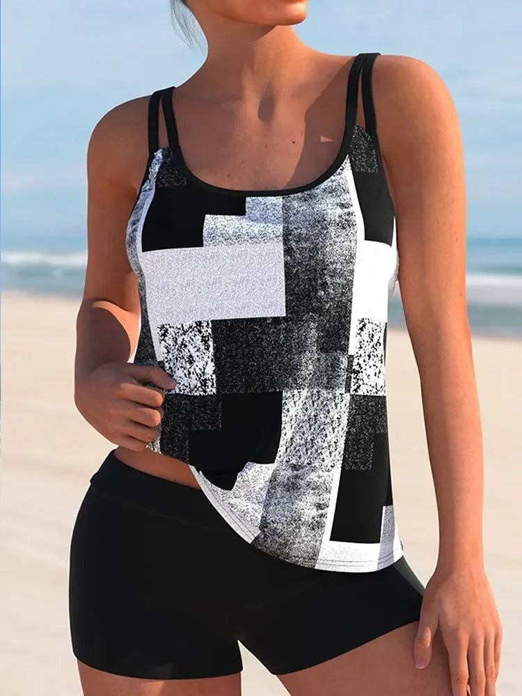 Women’s Tankini Swimsuit | Double Strap Design | Geometric Print | Polyester Fabric