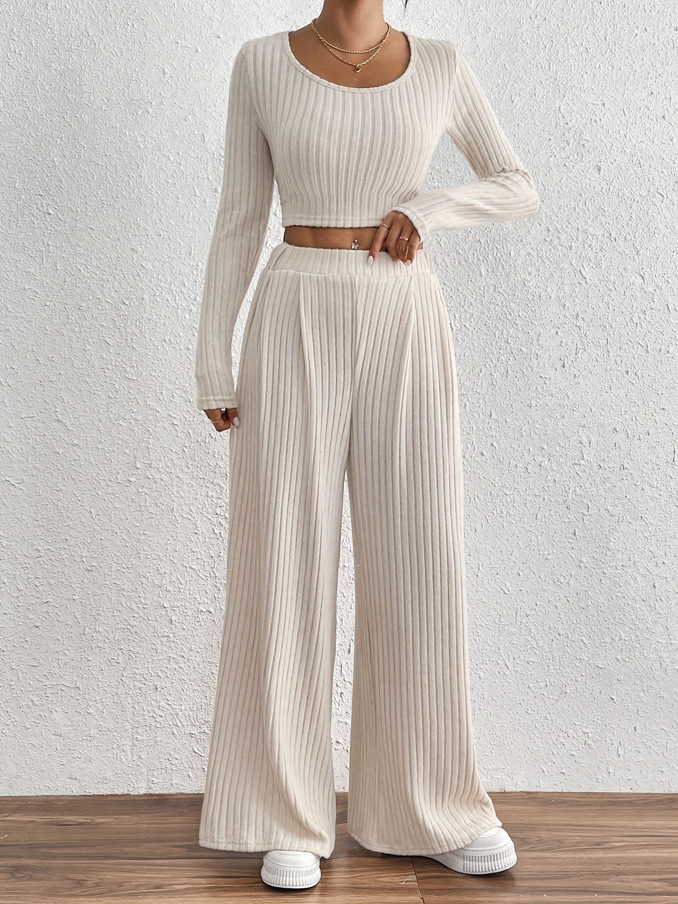 Ribbed Crew Neck Top | Long Sleeve | Stylish Fall Winter Wear | Polyester