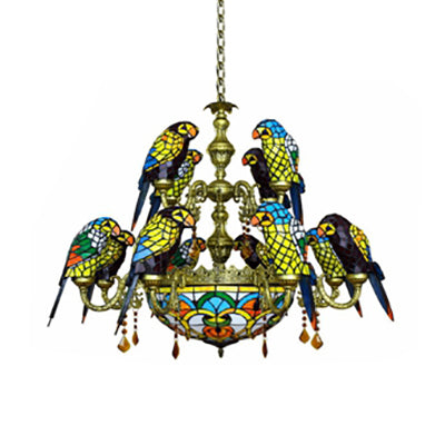 12 Arm Taavita Suspension Light with Lightly Rustic Stained Glass Chandelier and Yellow Center Bowl