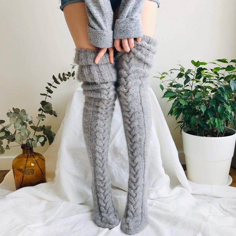 Thigh-High Socks | Cable-Knit Wool Blend | Elastic Top for Secure Fit | Indoor Warmth and Comfort