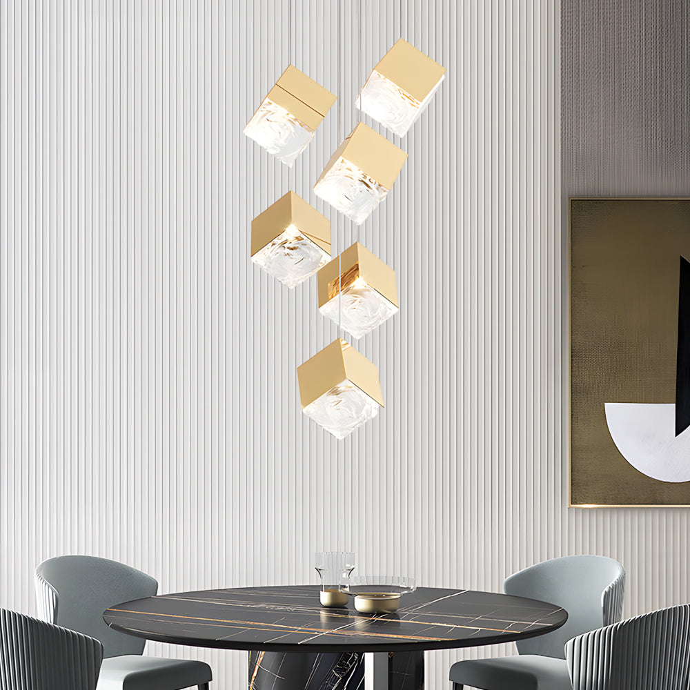 Glass Square Cube Stainless Steel LED Modern Spiral Long Chandelier - Dazuma