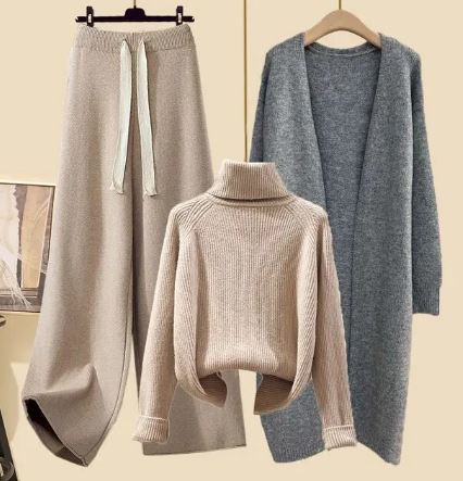 Women’s Three-Piece Knit Lounge Set | Wide-Leg Drawstring Pants & Cropped Turtleneck | Long Cardigan | Comfortable Fit