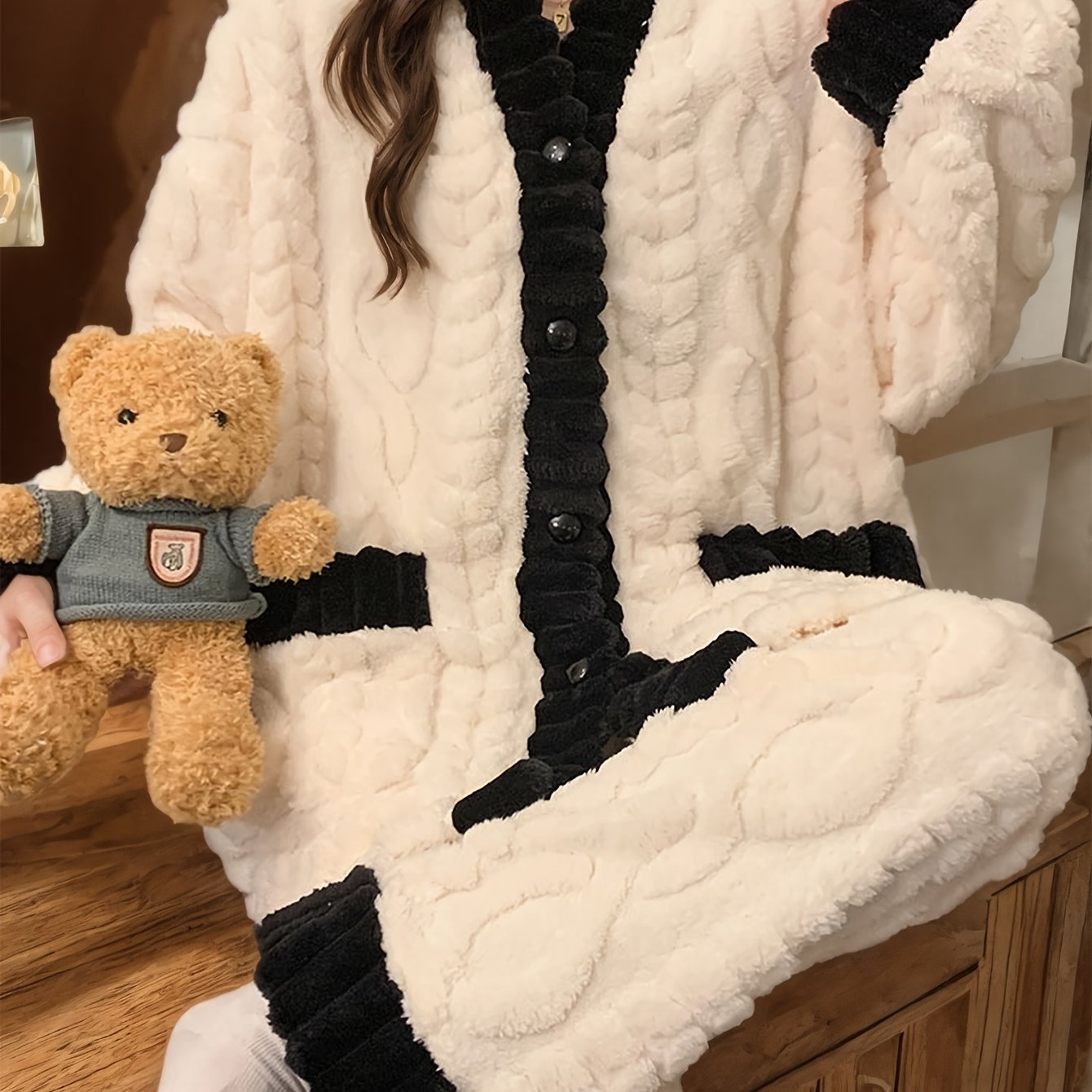 Fleece Lounge Set | V-Neck Button Top | Cozy Winter Warmth | Polyester