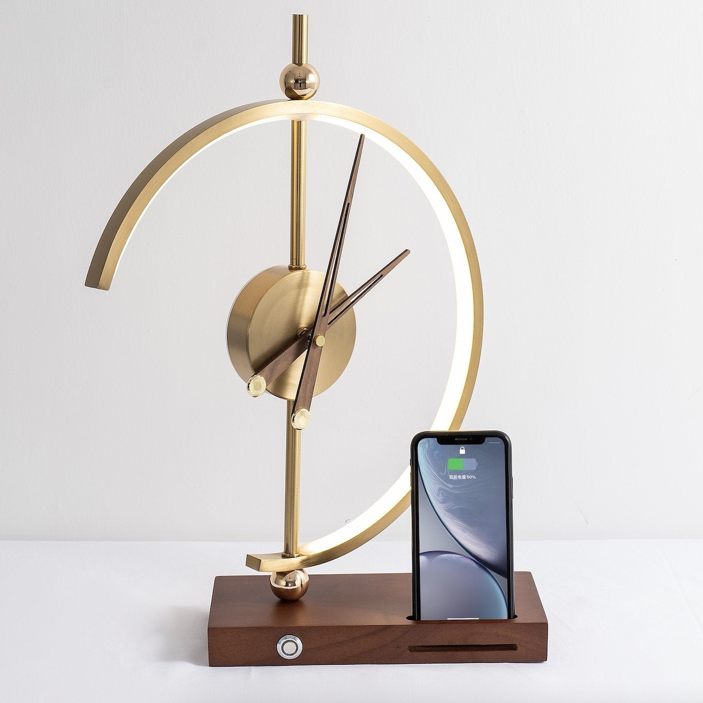 LED Desk Lamp | Wireless Charger & Analog Clock | Maple Wood Base | Energy-Efficient Lighting