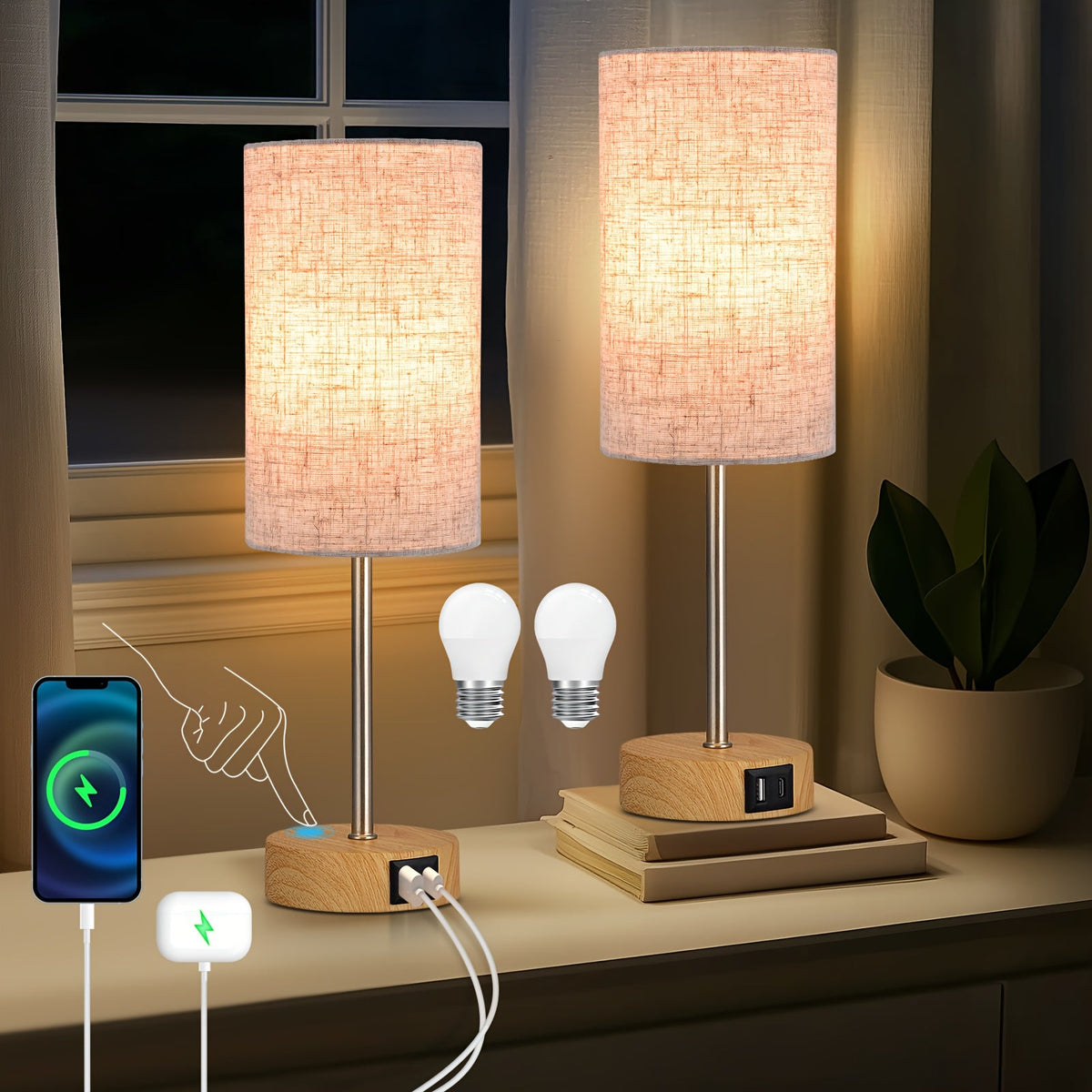 Set of 2 Touch-Controlled USB-Enabled Dimmable Table Lamps