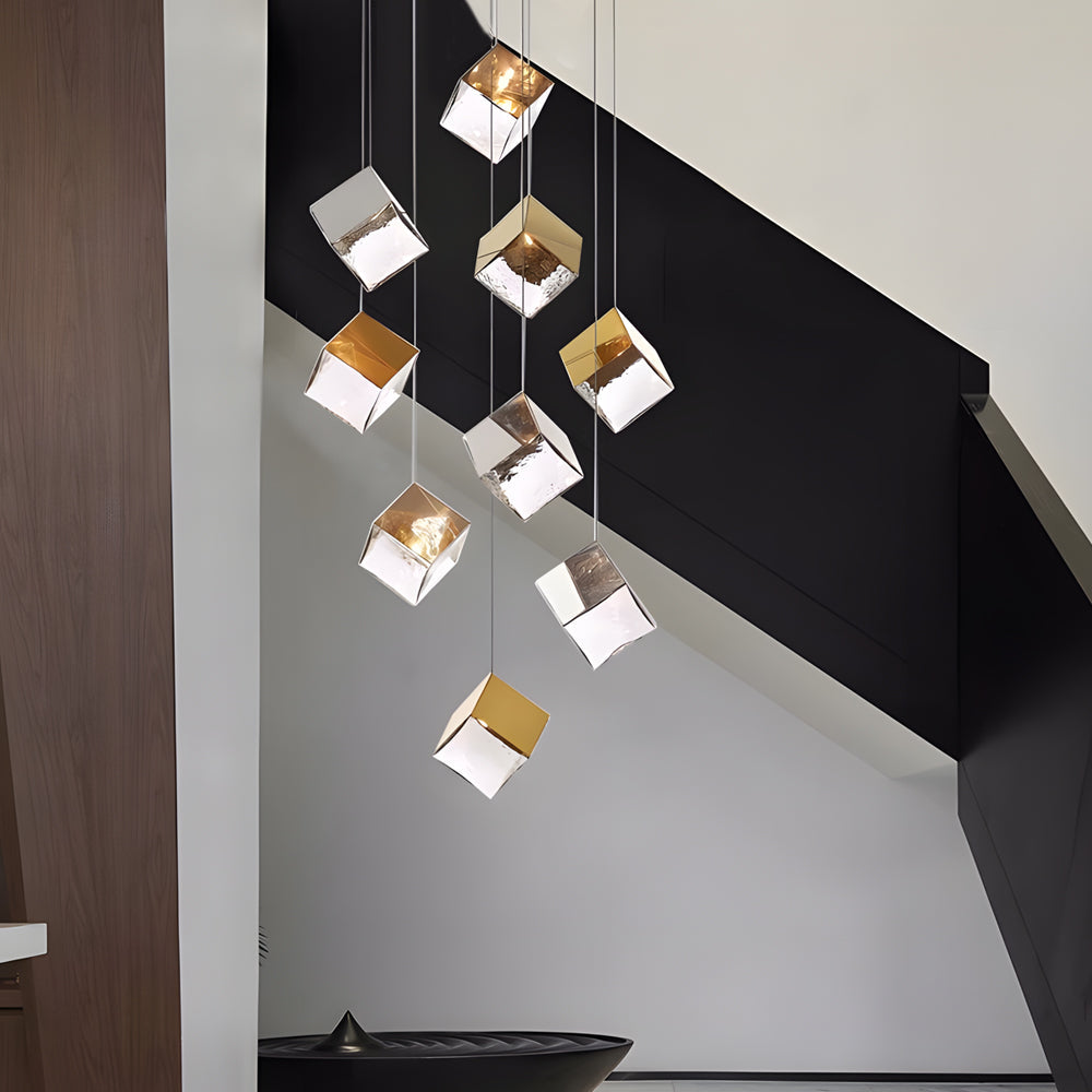 Taavita 1/3/6/9-Light Multi Glass Ice Cube Metallic Staircase Chandelier in Gold/Chrome
