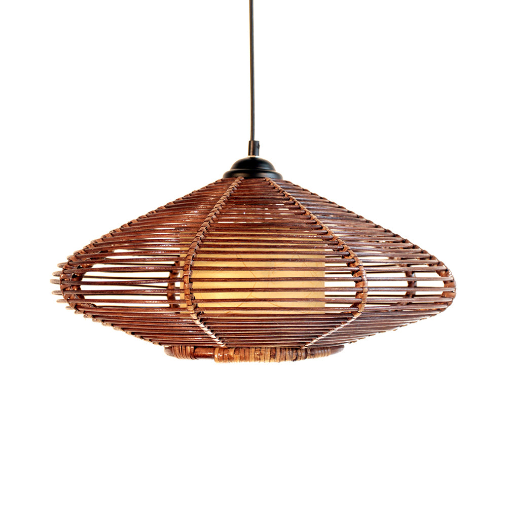 Handwoven Rattan Disc Hanging Bright Asian Style-1 Pendant Lamp in Brown for Restaurants by Taavita