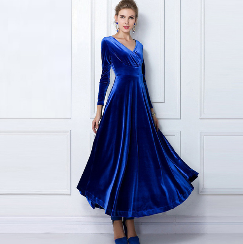 Women’s Velvet V-Neck Wrap Dress | Long Sleeve & Floor-Length | Adjustable Fit & Comfortable Design