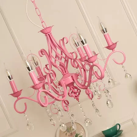 Girls Bedroom Chandelier Ceiling Light, Modern Pink Hanging Lamp with Candle and Clear Crystal, Size 20 to 24 Inch