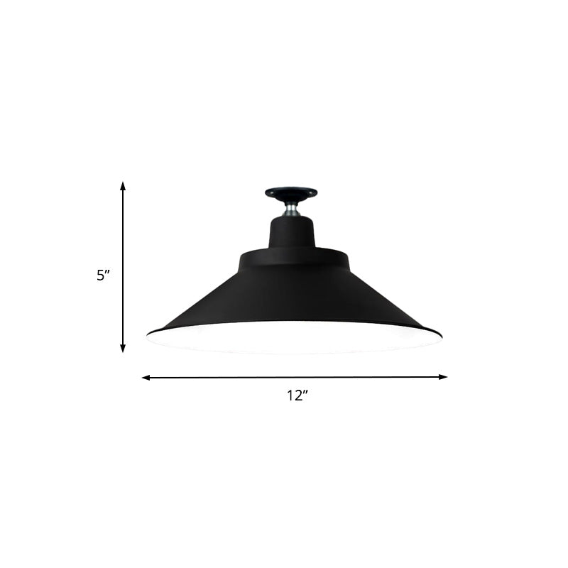 12"/16"/19.5" Wide Cone Metal Ceiling Lighting Industrial Style 1 Head Balcony Semi Flush Mount Lighting in Black Clearhalo 'Ceiling Lights' 'Close To Ceiling Lights' 'Close to ceiling' 'Flush mount' 'Industrial Flush Mount' Lighting' 137779