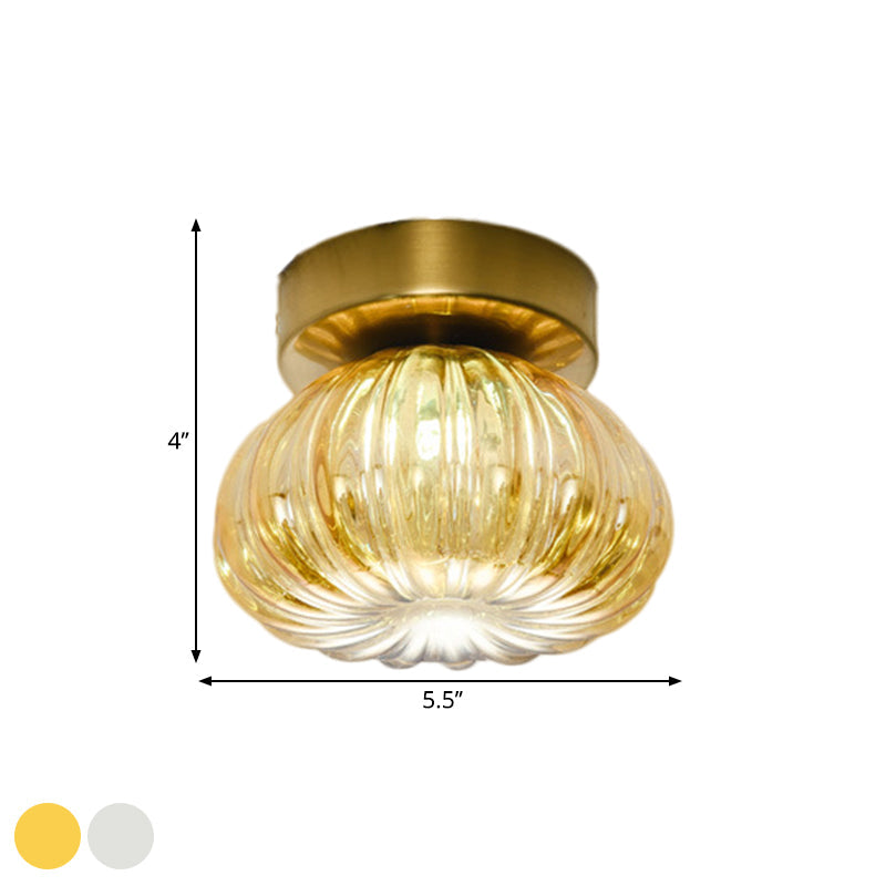 Modernist Spheroid Flush Mount Clear/Amber Ribbed Glass Single Head LED Ceiling Light Fixture, 5.5"/10" W