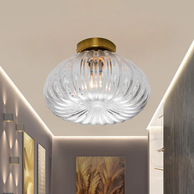 Modernist Spheroid Flush Mount Clear/Amber Ribbed Glass Single Head LED Ceiling Light Fixture, 5.5"/10" W
