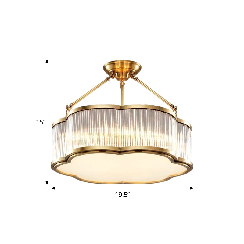 Crystal Floral Drum Semi Flush Light Fixture Contemporary 19.5"/23.5" Wide 5/6 Heads Bedchamber Ceiling Lamp in Gold Clearhalo 'Ceiling Lights' 'Close To Ceiling Lights' 'Close to ceiling' 'Semi-flushmount' Lighting' 1399481