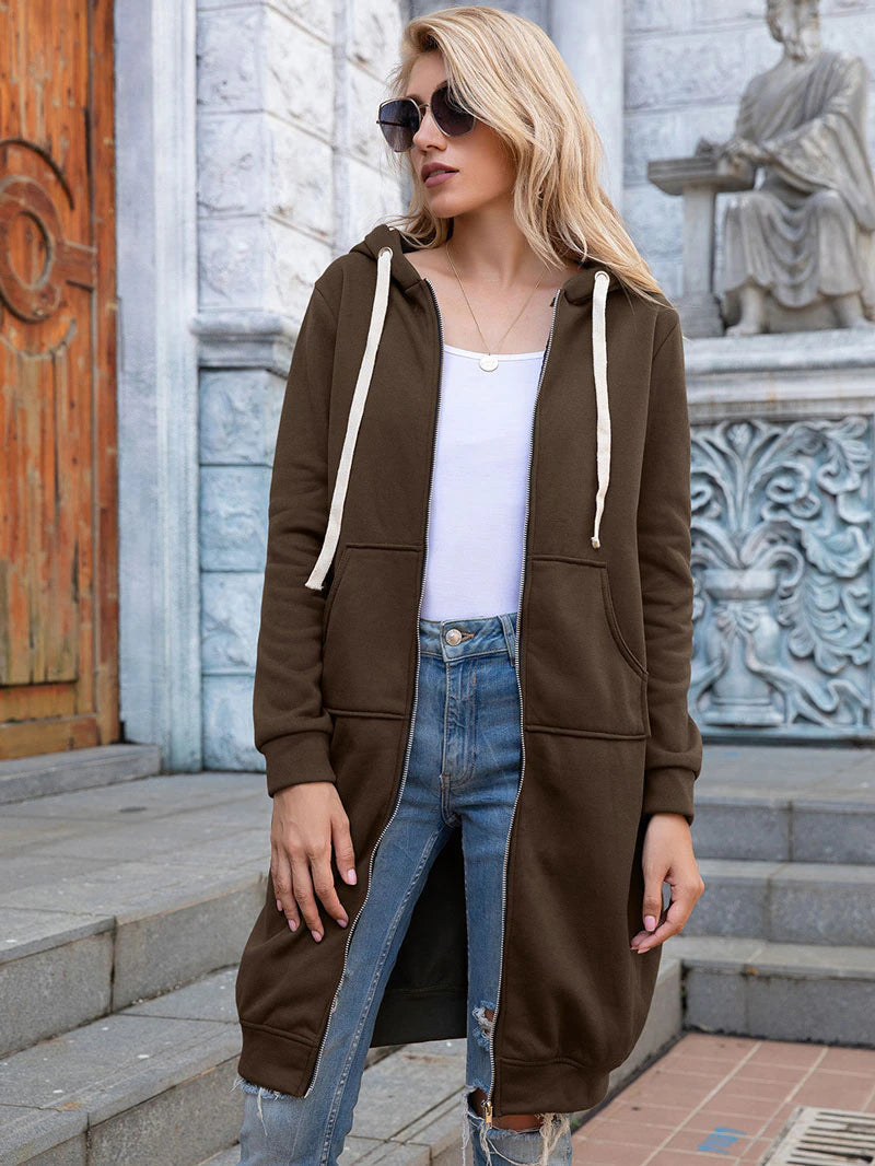 Longline Hooded Sweatshirt Coat | Zipper & Pockets | Polyester Fabric | Winter Warmth