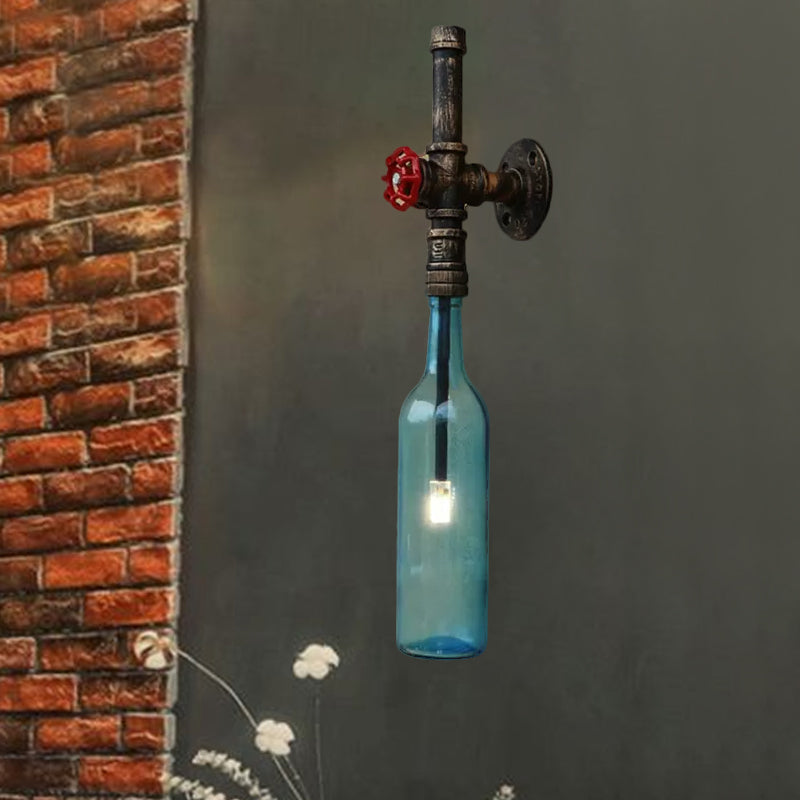 Industrial Glass Wine Bottle Wall Light 1 Bright Restaurant Blue/Clear Wall Lights with Red Valve