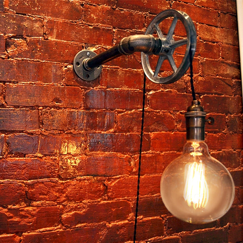 Taavita Vintage Style Industrial Pulley Design Wall Light with Bare Bulb 1 Light Iron Sconce Light Fixture in Rust for Farmhouse
