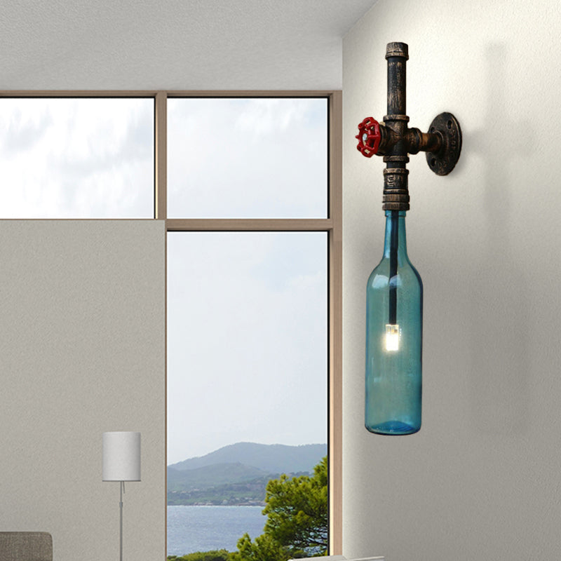 Glass Wine Bottle Wall Lighting Rustic Industrial 1 Light Restaurant Blue/Clear Wall Sconce Light with Red Valve Clearhalo 'Cast Iron' 'Glass' 'Industrial wall lights' 'Industrial' 'Middle century wall lights' 'Modern' 'Tiffany' 'Traditional wall lights' 'Wall Lamps & Sconces' 'Wall Lights' Lighting' 468366