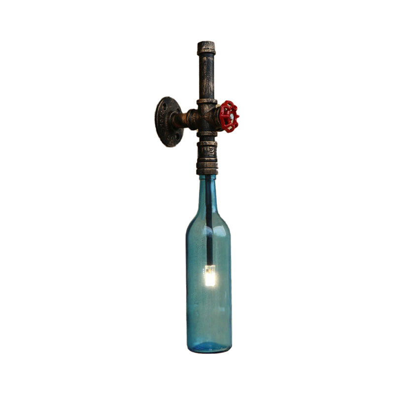Rustic Industrial 1 Light Wall Sconce - Glass Wine Bottle Design with Red Valve in Blue/Clear for Restaurant Use