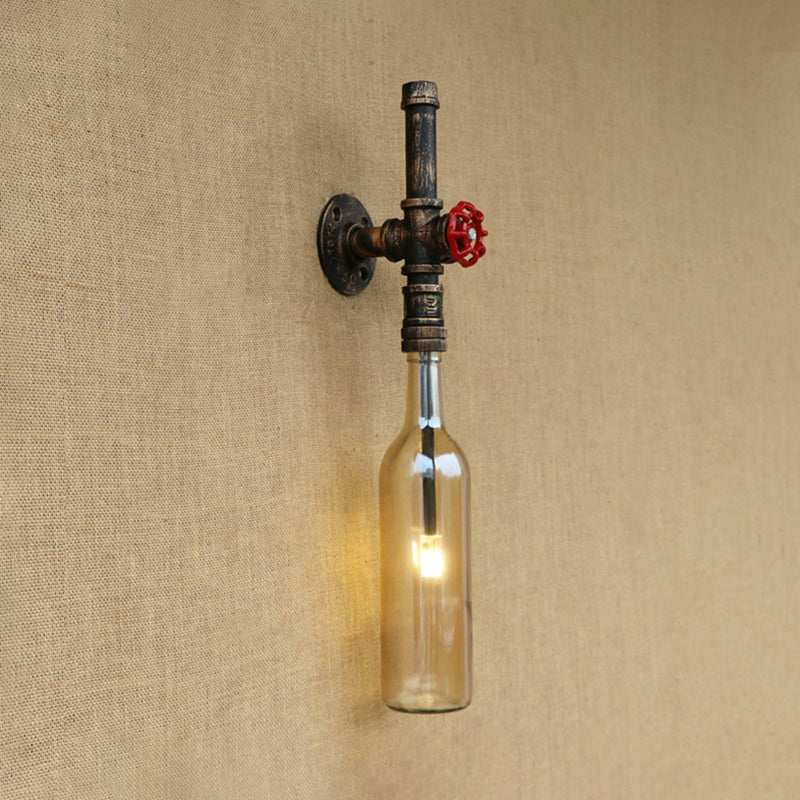 Glass Wine Bottle Wall Lighting Rustic Industrial 1 Light Restaurant Blue/Clear Wall Sconce Light with Red Valve Clearhalo 'Cast Iron' 'Glass' 'Industrial wall lights' 'Industrial' 'Middle century wall lights' 'Modern' 'Tiffany' 'Traditional wall lights' 'Wall Lamps & Sconces' 'Wall Lights' Lighting' 146790