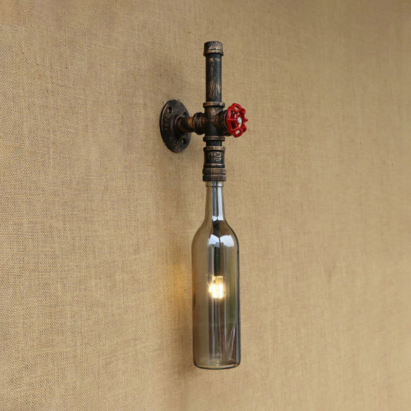 Glass Wine Bottle Wall Lighting Rustic Industrial 1 Light Restaurant Blue/Clear Wall Sconce Light with Red Valve Clearhalo 'Cast Iron' 'Glass' 'Industrial wall lights' 'Industrial' 'Middle century wall lights' 'Modern' 'Tiffany' 'Traditional wall lights' 'Wall Lamps & Sconces' 'Wall Lights' Lighting' 1420403