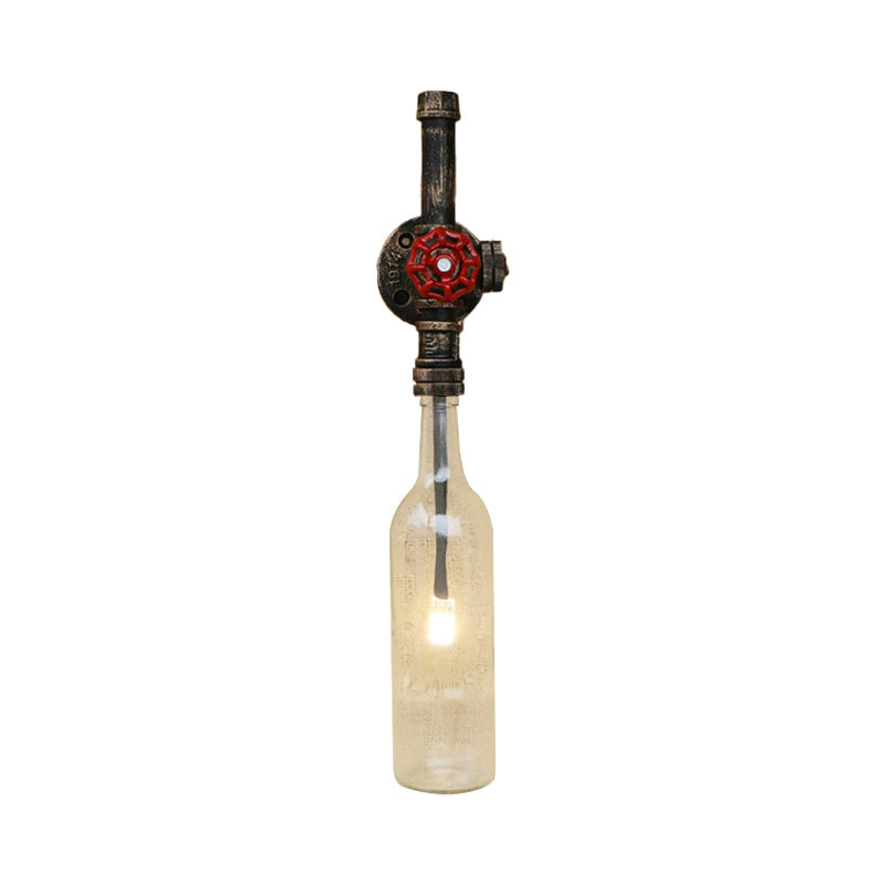 Industrial Glass Wine Bottle Wall Light 1 Bright Restaurant Blue/Clear Wall Lights with Red Valve