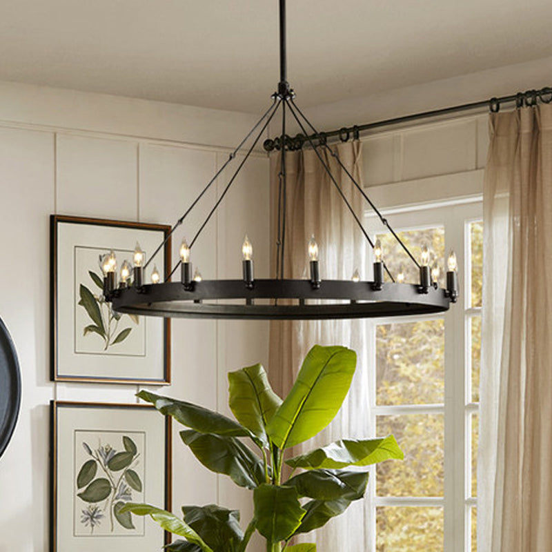 12/18-Light Round Hanging Chandelier Traditional Black Metal Pendant Light with Candle Design by Taavita