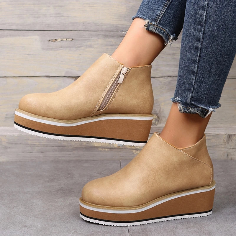 Women's Leather Ankle Boots | Platform Sole & Side Zipper | Genuine Leather | Comfortable Fit