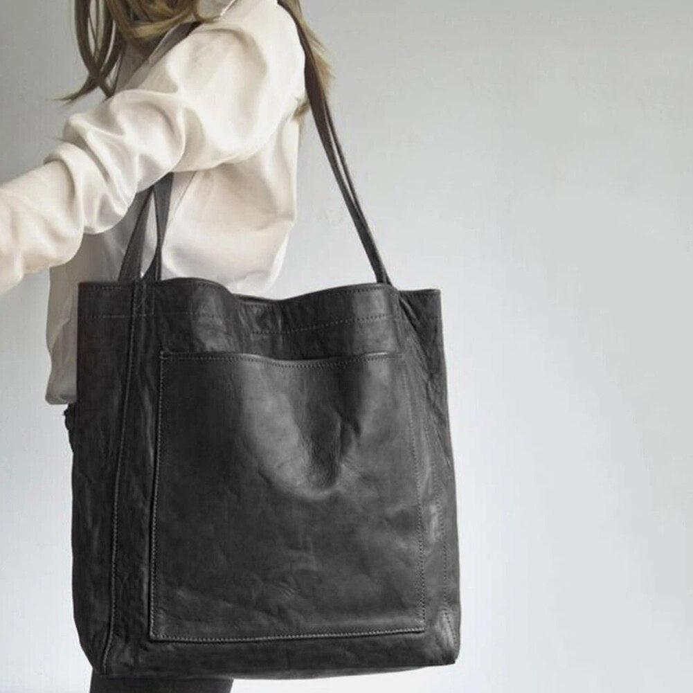 Women’s Leather Shoulder Bag | Classic Black Leather | Adjustable Strap | Durable Everyday Tote