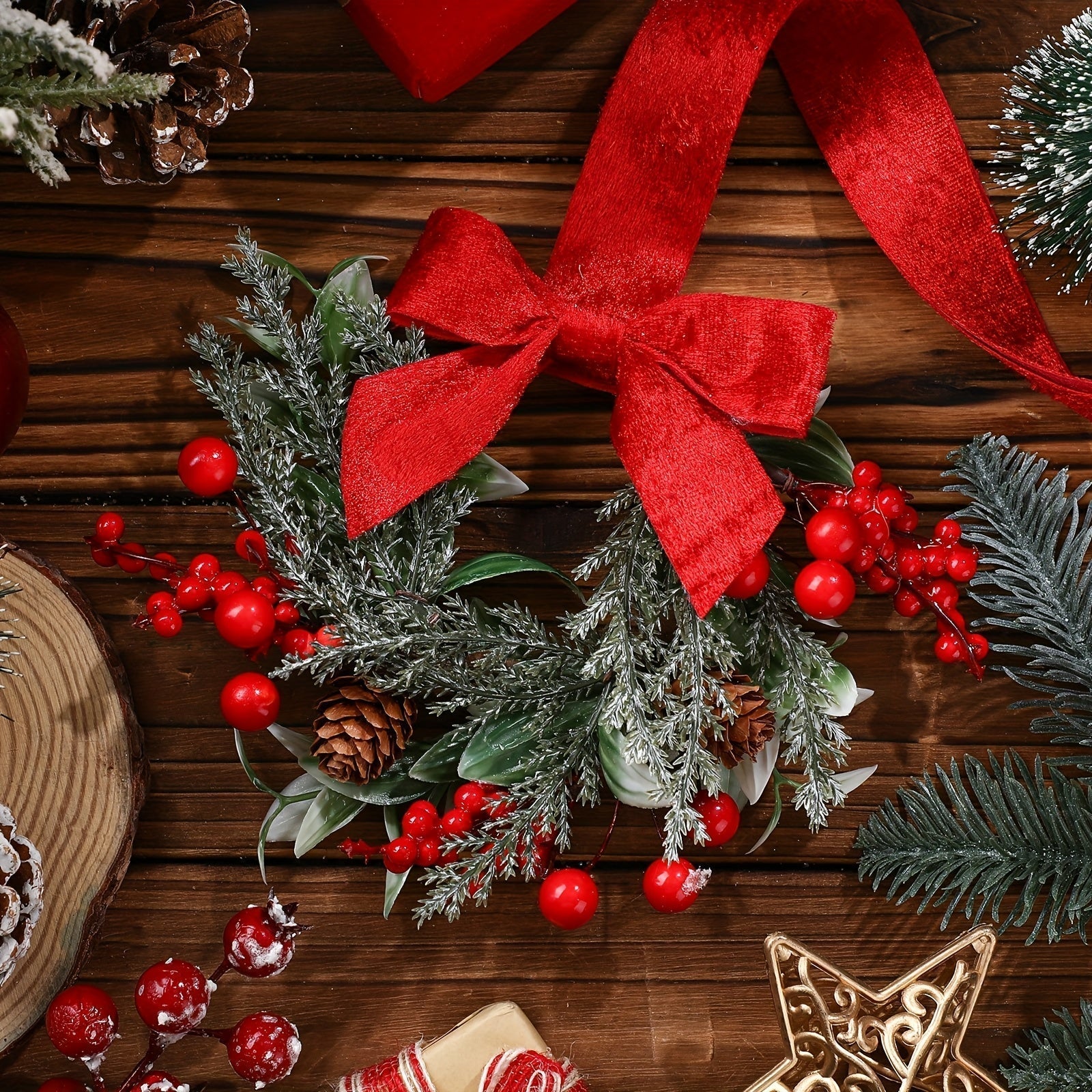 Festive Holiday Wreath with Charming Red Bow and Pinecones