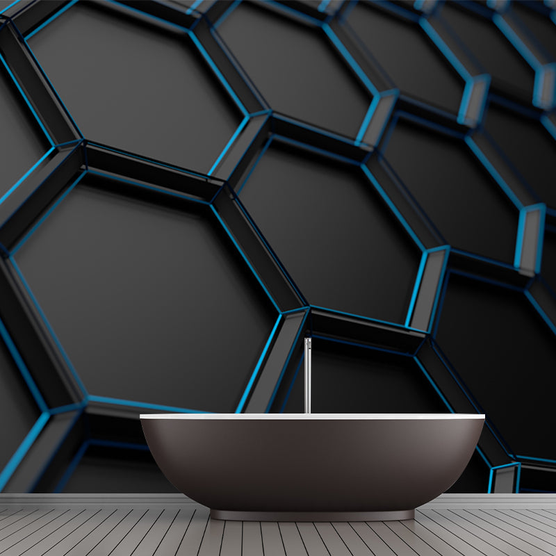 Black Honeycomb Metal Wallpaper Mural 3D Stain Resistant Wall Covering for Bedroom Black Design 1 Clearhalo 'Wall Decor' 'Wall Mural' 1513903