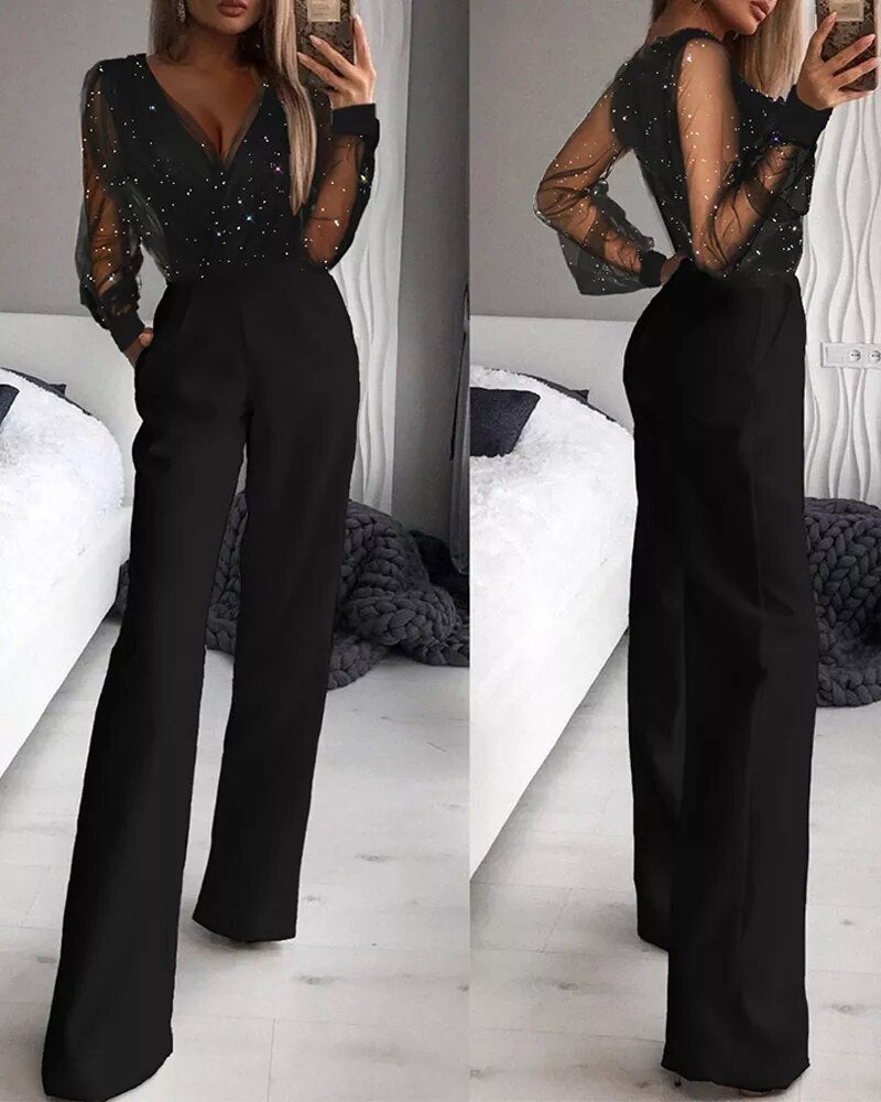 Women's Jumpsuit | Sheer Mesh Long Sleeves & Wide-Leg | Polyester Fabric | Elegant Comfort