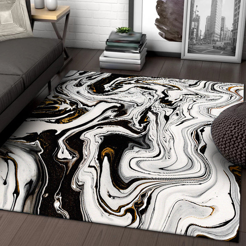 Modern Abstract Twisted Lines Pattern Black and White Bedroom Rug Area Rug Polyester Non-Slip Machine Washable Carpet