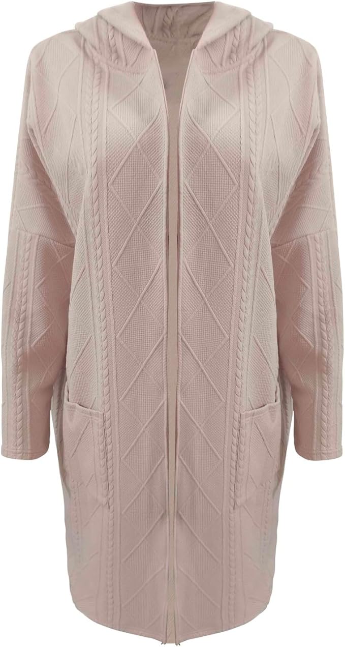 Women’s Long Hooded Knit Cardigan | Cable Knit & Cotton Blend | Open Front | Comfortable Warmth
