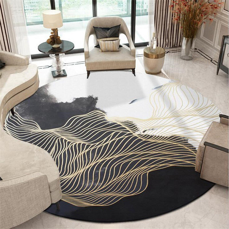 Contemporary Swirl Pattern Carpet Black-White Polyester Machine Washable Non-Slip Area Rug for Bedroom, Round 5 – 6', Round 3 – 4'